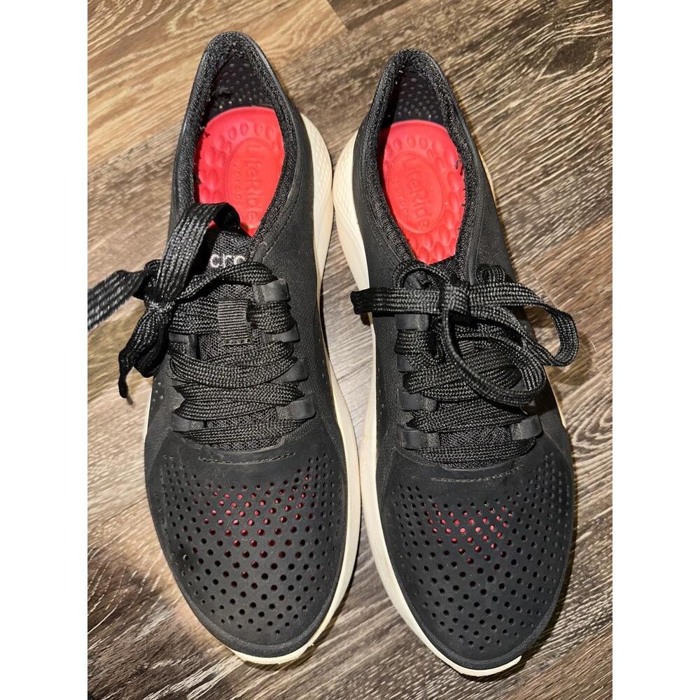 Crocs lite ride Black Perforated Red Insole‎ LaceUp Closure Sneakers Womens 9
